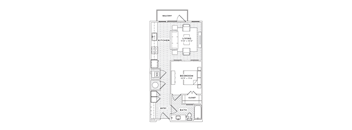 A floor plan of a small apartment with a kitchen, living room, bathroom, bedroom, and closet.