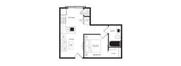 A black and white floor plan of a home with a living room, dining room, kitchen, and bedroom.
