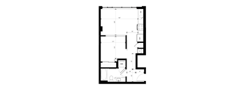 A floor plan of a room with a kitchen, bathroom, and living room.