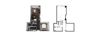 A floor plan and an overhead view of a kitchen and living room.