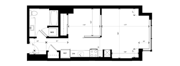 A floor plan of a house with a living room, dining room, kitchen, and bathrooms.