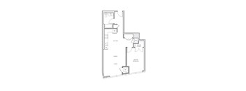 A floor plan of a house with a kitchen, living room, and two bedrooms.