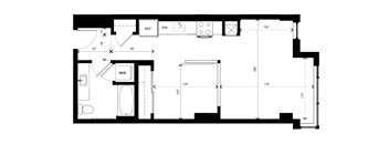 A floor plan of a room with a kitchen area, a bathroom, and a living room.