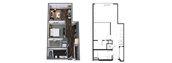 A floor plan of a small apartment with a kitchen, living room, and bathroom.