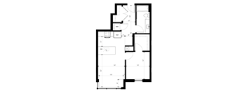 A black and white image of a floor plan with labeled rooms and measurements.