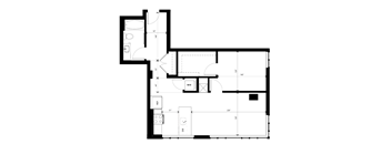 A floor plan of a house with a kitchen, living room, and bathroom.