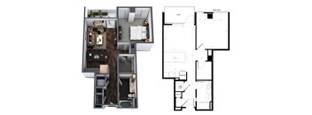 A floor plan and an overhead view of a small apartment with a kitchen, living room, and bedroom.