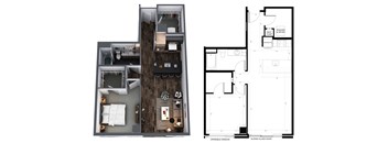 A floor plan of a small apartment with a kitchen, living room, and bedroom.