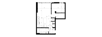 A floor plan of a house with a kitchen, living room, and bathroom.