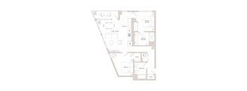 A floor plan of a house with a kitchen, living room, dining room, and bathroom.