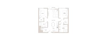 A floor plan of a house with two bedrooms, a bathroom, a living/dining area, a kitchen, a den, and a REF.