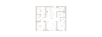 A floor plan of a house with a kitchen, living room, dining room, and two bedrooms.