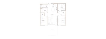 A floor plan of a house with a kitchen, living room, and bathrooms.