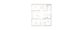 A floor plan of a house with a primary bedroom, bathroom, living room/dining area, kitchen, and a secondary bedroom.