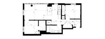 A floor plan of a house with a kitchen, living room, and two bedrooms.