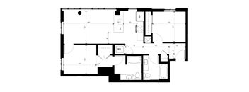 A black and white floor plan of a house with a kitchen, living room, and bathrooms.