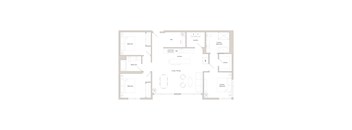 A floor plan of a house with a living room, dining room, kitchen, and two bathrooms.