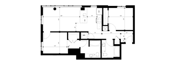 A floor plan of a house with a kitchen, living room, and two bedrooms.