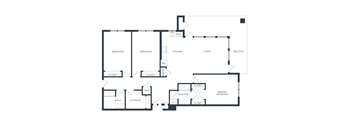 A floor plan of a house with two bedrooms, a living room, a balcony, a bathroom, a storage area, and a primary bedroom.