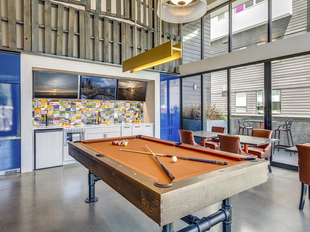 Sentral SLU Clubroom Billiards, Seating Areas, and Entertainment Kitchen