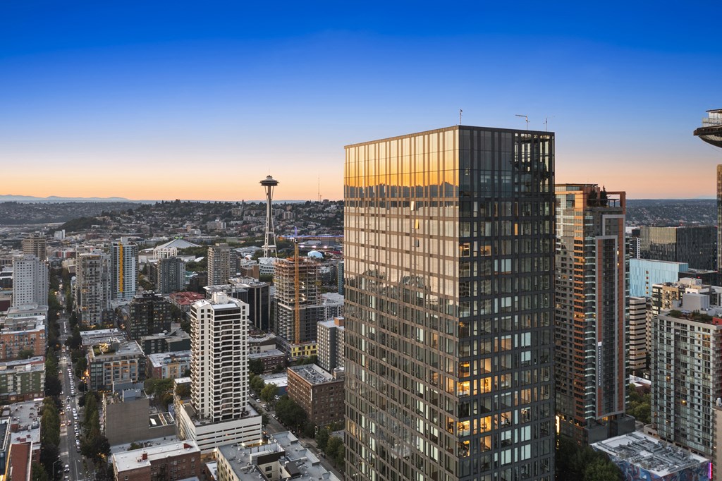 an aerial view of seattle with the space needle in the distance
