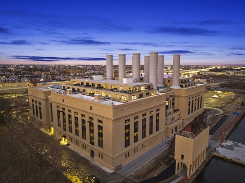 an aerial view of the administration building at night