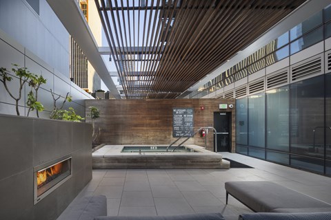 A modern indoor space with a fireplace and a pool.