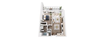A top down view of a small apartment with a kitchen, living room, and bathroom.