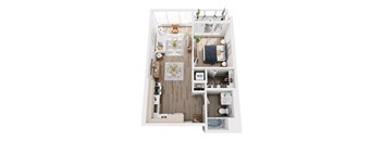 A top down view of a small apartment with a kitchen, living room, and bathroom.