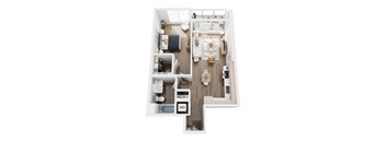 A top down view of a small apartment with a kitchen, living room, and bathroom.