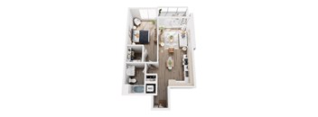 A top down view of a small apartment with a kitchen, living room and bathroom.
