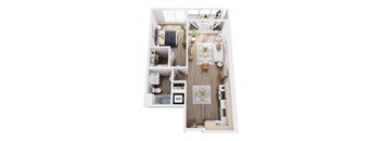 A top down view of a small apartment with a kitchen, living room and bathroom.