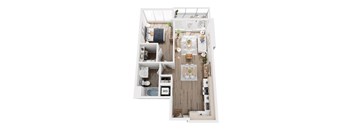A top-down view of a small apartment with a kitchen, living room, and bathroom.
