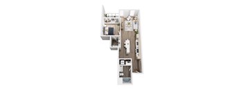 A top down view of a small apartment with a kitchen, living room, and bathroom.