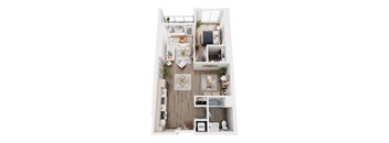 A top-down view of a small apartment with a kitchen, living room, and bathroom.