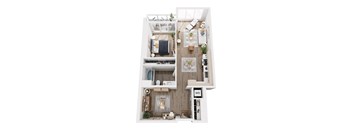 A top-down view of a small apartment with a kitchen, living room, and bathroom.