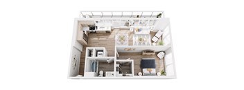 A top-down view of a modern apartment layout with a kitchen, living room, and bathroom.
