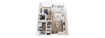A top-down view of a small, neatly organized apartment with a kitchen, living room, and bathroom.