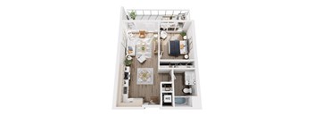 A top down view of a small apartment with a kitchen, living room, and bedroom.