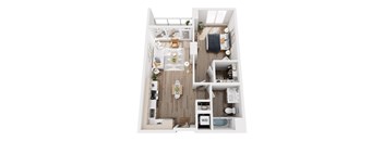 A small apartment layout with a kitchen, living room, and bathroom.