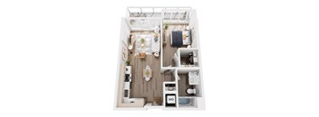 A top down view of a small apartment with a kitchen, living room, and bathroom.