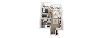 A top-down view of a small, well-organized apartment with a kitchen, living room, and bathroom.