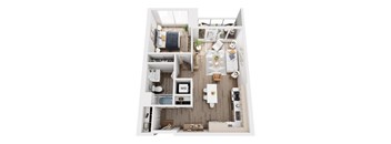 A top-down view of a small apartment with a kitchen, living room, and bathroom.
