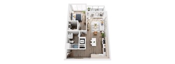 A top-down view of a small apartment with a kitchen, living room, and bathroom.