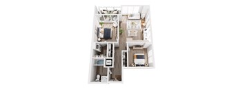 A top down view of a small apartment with a kitchen, living room, and bedroom.