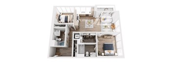 A top-down view of a well-organized apartment with a kitchen, living room, and bathroom.