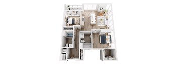 A top down view of a small apartment with a kitchen, living room, and bathroom.