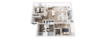A top-down view of a modern apartment layout.