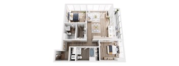 A top down view of a small apartment with a kitchen, living room, and bathroom.