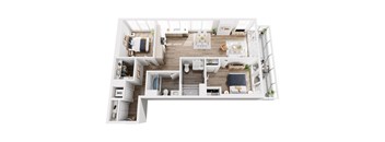 A top-down view of a well-organized apartment with a living room, kitchen, and bedrooms.